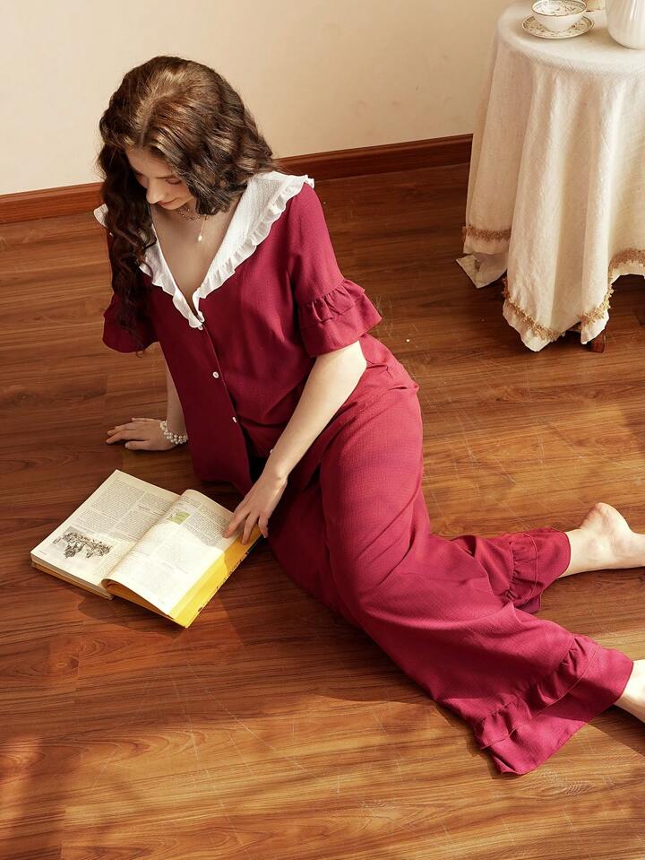 CM-LS043240 Women Trendy Seoul Style Peter Pan Collar Colorblock Ruffled Trim Pajama Set - Burgundy