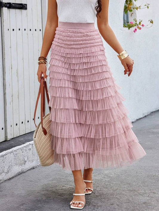 CM-BS003330 Women Casual Seoul Style High Waist Multilayer Mesh Tulle Skirt - Dusty Pink