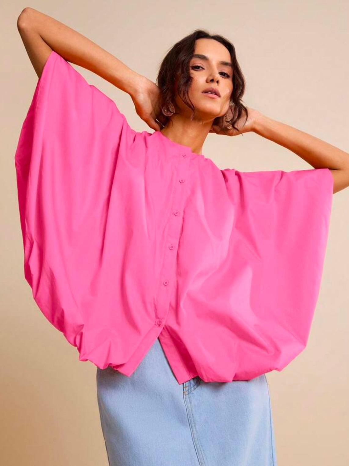 CM-TS709960 Women Casual Seoul Style Loose Cardigan Collar Batwing Sleeve Oversized Shirt - Hot Pink