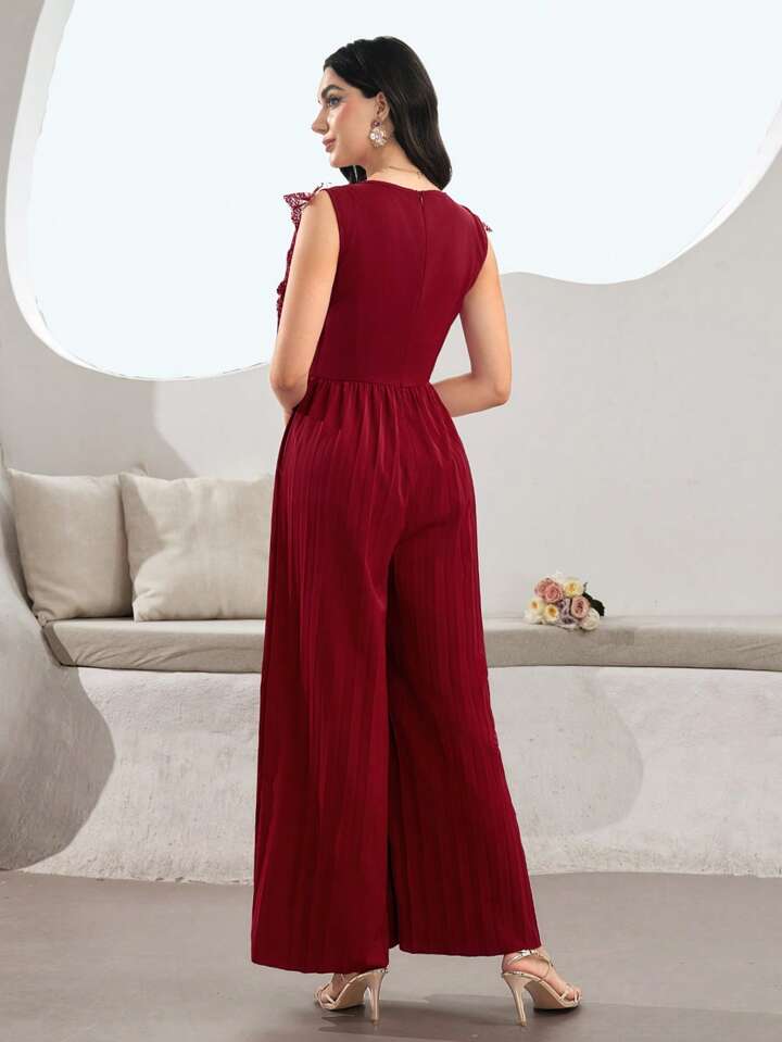 CM-JS550455 Women Elegant Seoul Style Solid Color Embroidered Lace Trim Pleated Wide Leg Jumpsuit