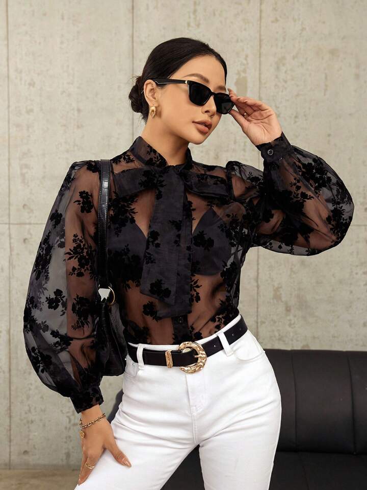 CM-TS286573 Women Trendy Bohemian Style Velvet Tie Neck Long Sleeve Shirt - Black