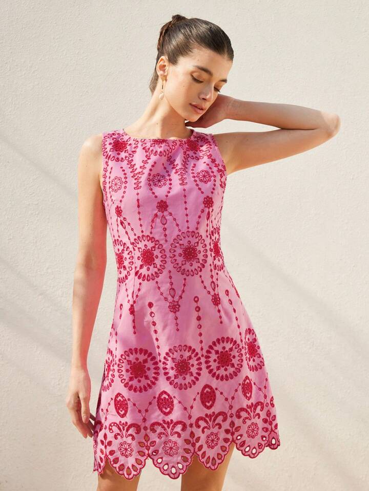 CM-DS519153 Women Trendy Bohemian Style Color-Block Hollow Out Embroidery Scalloped Hem Fitted Dress