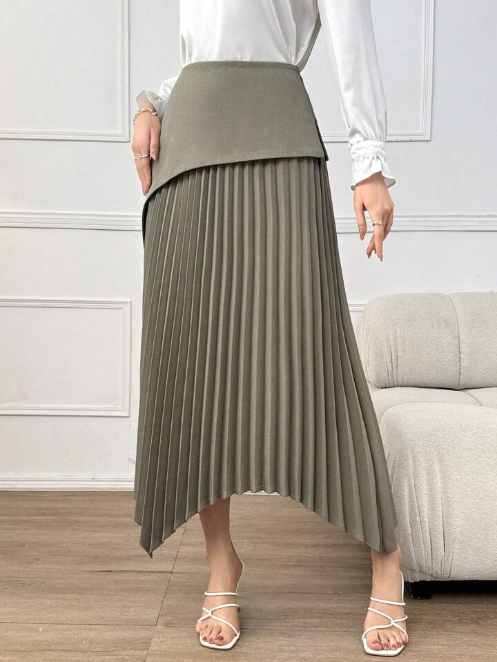 CM-BS055268 Women Elegant Seoul Style Solid Color Asymmetric Hem Pleated Skirt - Army Green