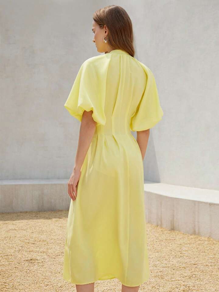 CM-DS512696 Women Elegant Seoul Style Solid Color Chiffon Cinched Waist Puff Sleeve Open Front Long Dress - Yellow