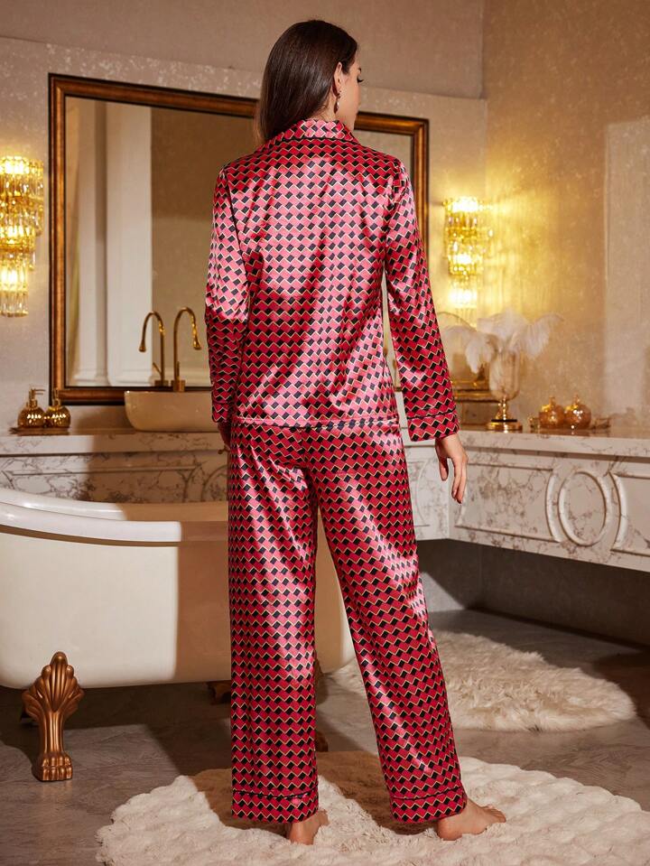 CM-LS304006 Women Trendy Seoul Style Turndown Collar Long Sleeve Rhombus Print Pajama Set