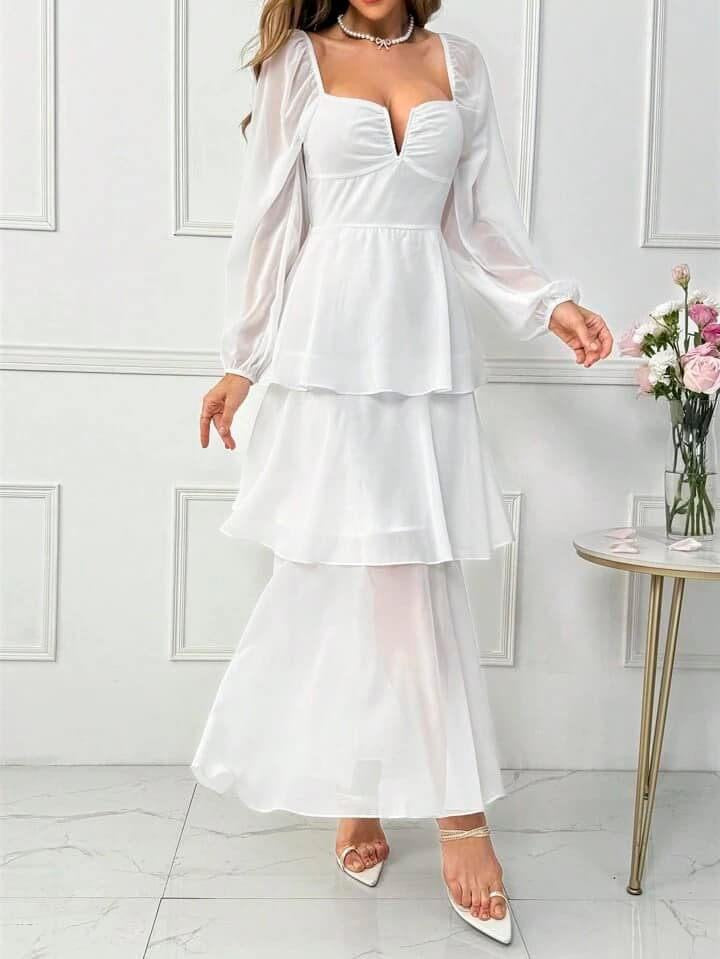 CM-DS422360 Women Elegant Seoul Style Ruffle Hem Mesh Splicing Lantern Sleeve Dress - White