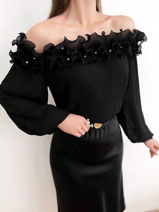 CM-TS769976 Women Elegant Seoul Style Lantern Sleeve Off Shoulder Frill Top - Black