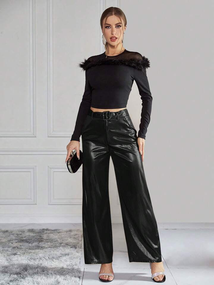 CM-BS949555 Women Elegant Seoul Style High Waist Belted Metallic Wide Leg Pants - Black