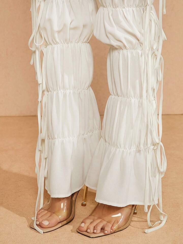 CM-BS547994 Women Casual Seoul Style Ruched Drawstring Waist Tiered Pants - White