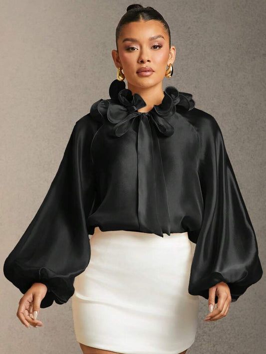 CM-TS753025 Women Elegant Seoul Style Solid Color Ruffle Trim Tie Neck Lantern Sleeve Blouse - Black