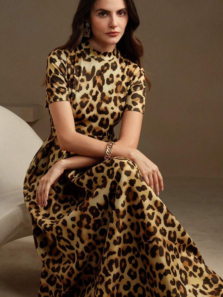 CM-DS457520 Women Elegant Seoul Style Leopard Print Stand Collar Short Sleeve Midi Dress - Coffee