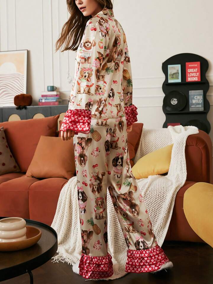 CM-LS025607 Women Trendy Seoul Style Lapel Neckline Long Sleeve All Over Print Satin Pajama Set
