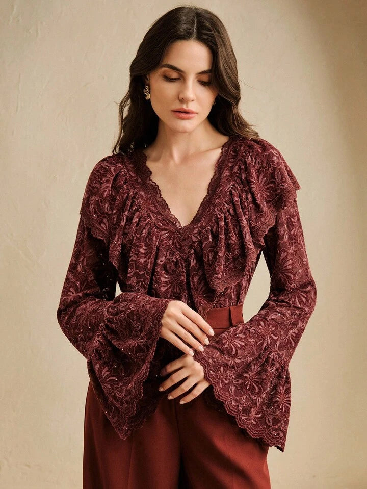 CM-TS377738 Women Elegant Seoul Style V-Neck Velvet Lace Ruffle Trim Long Sleeve Blouse - Burgundy