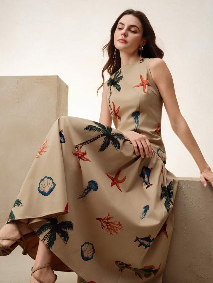 CM-DS821000 Women Elegant Seoul Style Round Neck Sleeveless Ruched Waist A-Line Maxi Dress - Khaki