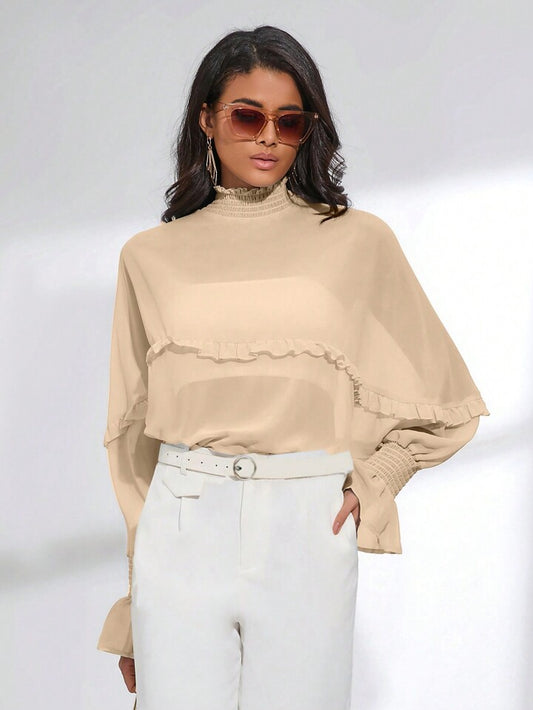 CM-TS937860 Women Trendy Bohemian Style Shirred Neck Batwing Sleeve Sheer Blouse - Beige