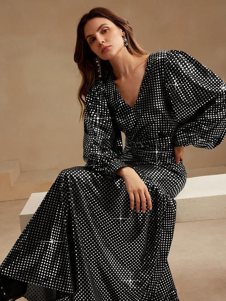 CM-DS106765 Women Elegant European Style V-Neck Long Sleeve High Waist A-Line Maxi Dress - Black