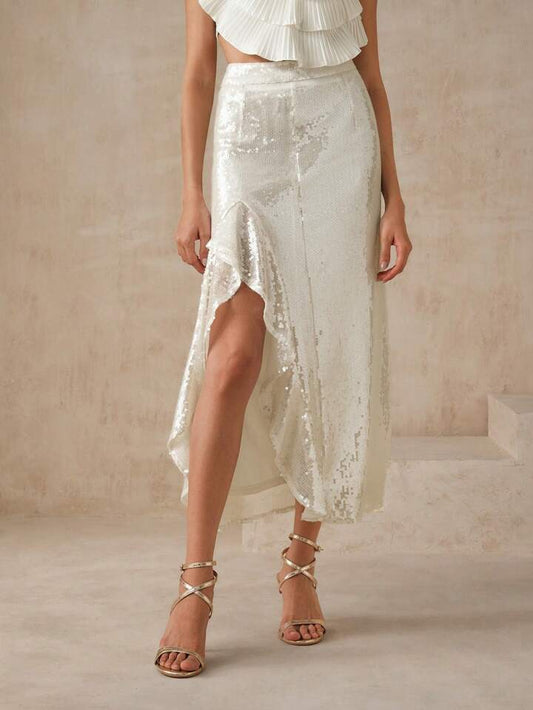 CM-BS054256 Women Elegant Seoul Style Sequin Embellished Mermaid Split Skirt - White