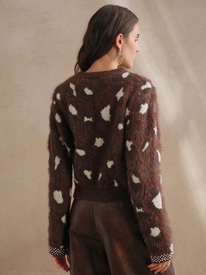 CM-CS247511 Women Casual Seoul Style Leopard Print Embellished Studded Fluffy Knit Sweater - Coffee Brown