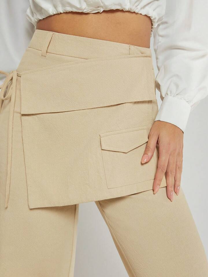 CM-BS441294 Women Elegant Seoul Style Pocket Wrap Overlay Wide Leg Pants - Apricot