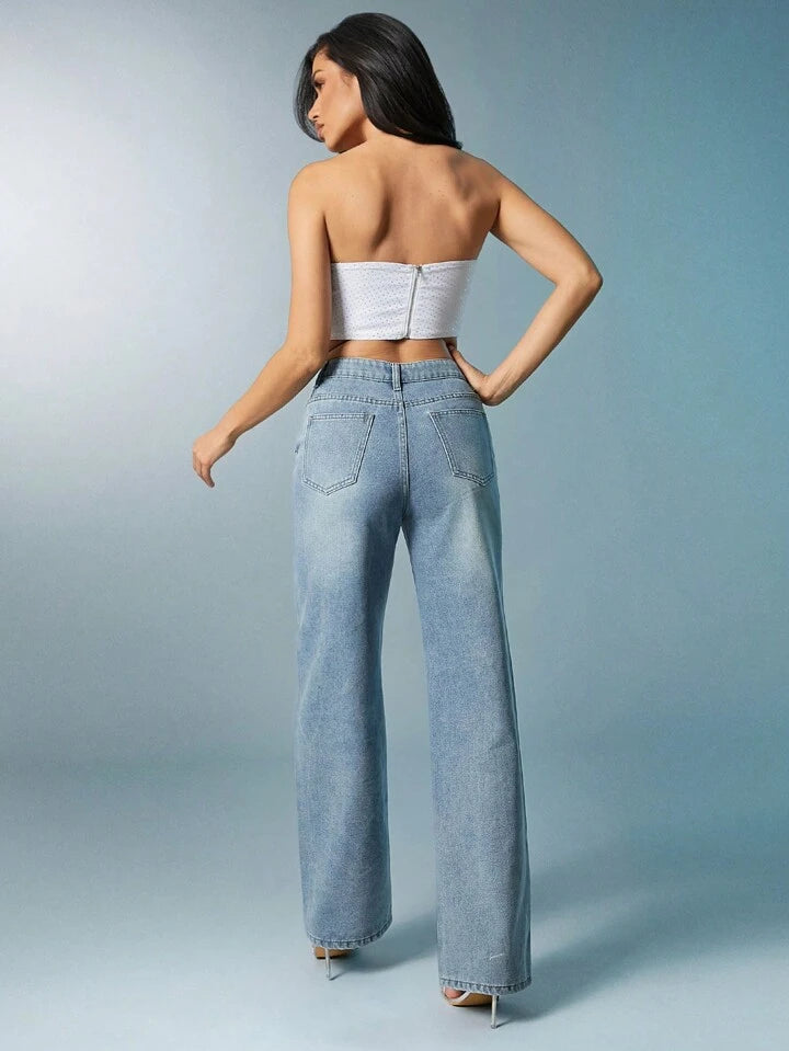 CM-BS540218 Women Casual Seoul Style Front Button Pocket Wide Leg Jeans - Baby Blue