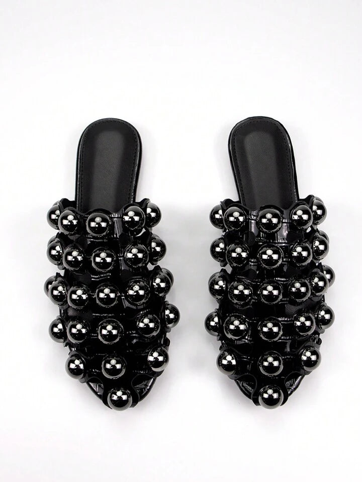 CM-SHS518463 Women Trendy Seoul Style Hollow Metal Rivet Decor Glossy Crocodile PU Round Toe Slip-On Flat Mules