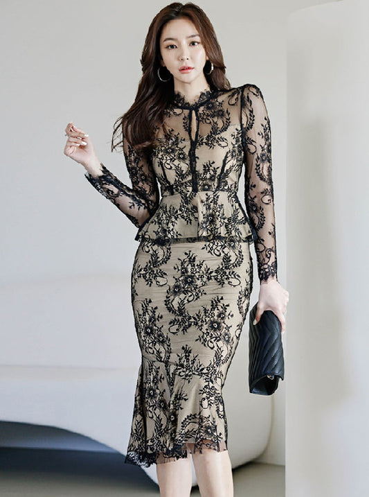 CM-SF021507 Women Elegant Seoul Style High Waist Flouncing Fishtail Lace Dress Set (Available in 2 colors)