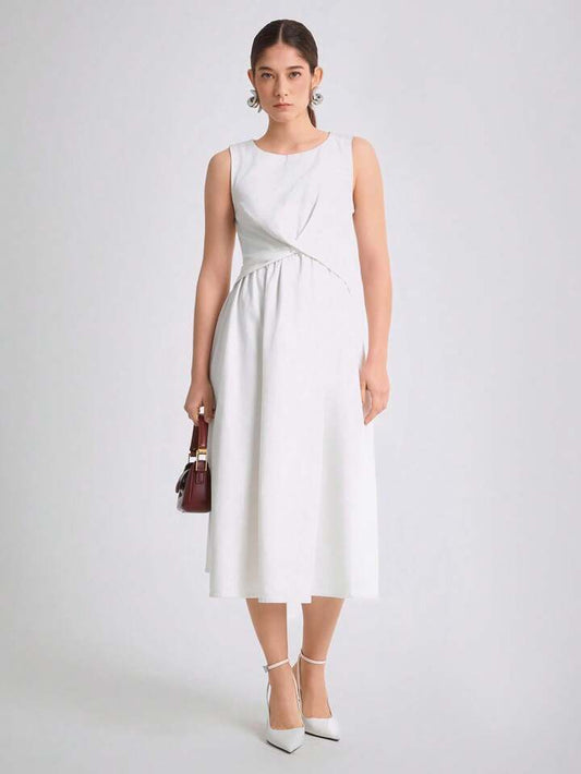 CM-DS931041 Women Casual Seoul Style Round Neck Sleeveless High Waist Loose Denim Dress - White