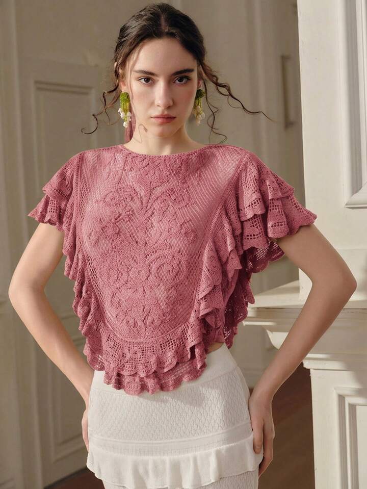 CM-TS415052 Women Elegant Seoul Style Round Neck Sleeveless Elastic Ruffled Hem Cropped Top - Pink
