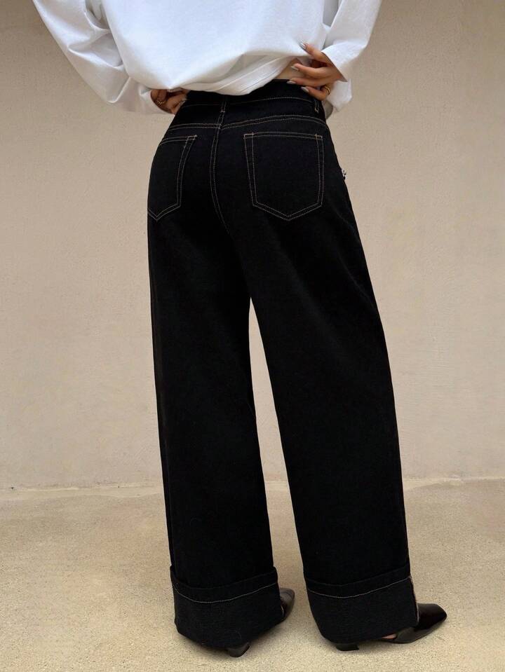 CM-BS337303 Women Casual Seoul Style Ribbon Decorative Pockets High Waist Extra Long Wide Leg Jeans - Black