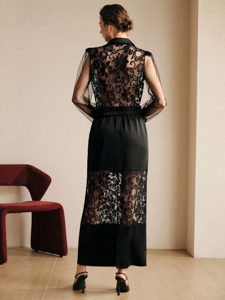 CM-SS699699 Women Elegant Seoul Style Hollow-Out Lace Collar Neckline  Long Sleeve Top With Maxi Skirt - Set