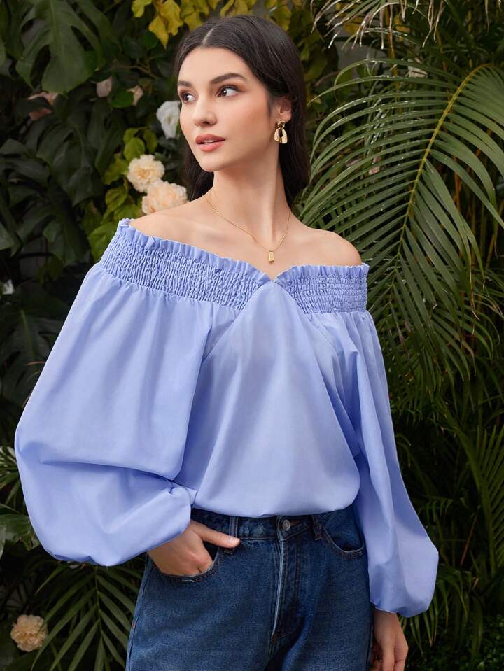 CM-TS936275 Women Casual Seoul Style Off Shoulder Lantern Sleeve Shirt - Blue