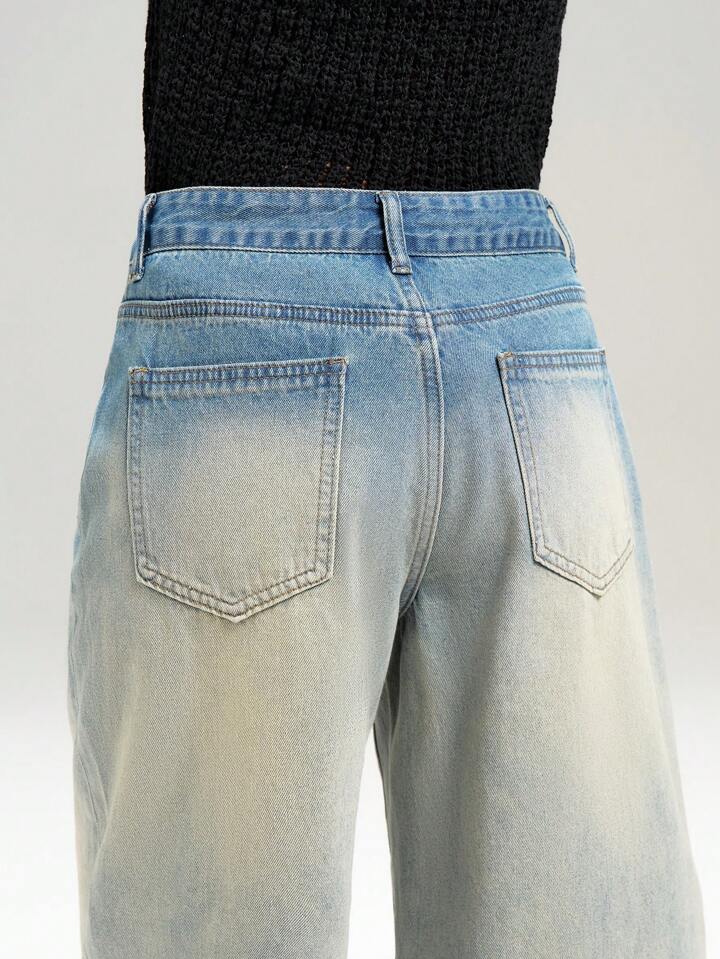 CM-BS655311 Women Casual Seoul Style Pocketed Wide Leg Loose 7/8 Length Denim Jeans