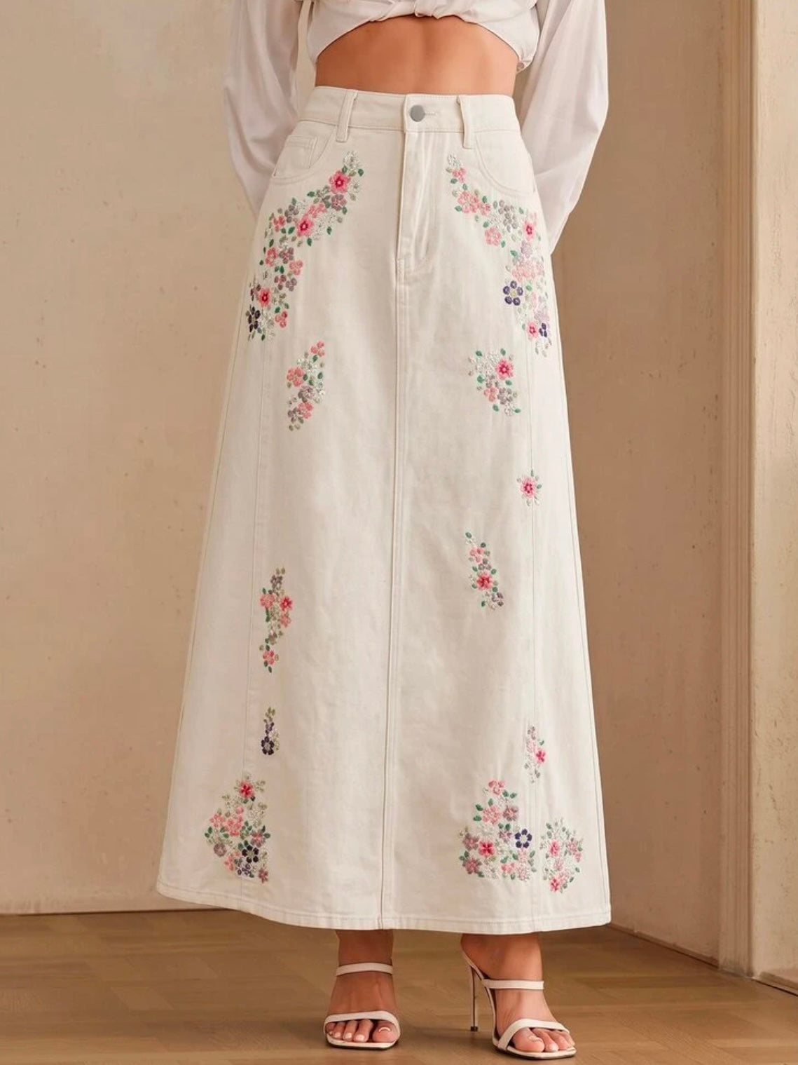 CM-BS268706 Women Casual Seoul Style Mid Waist Embroidery Slimming Design Split A-Line Denim Skirt - White
