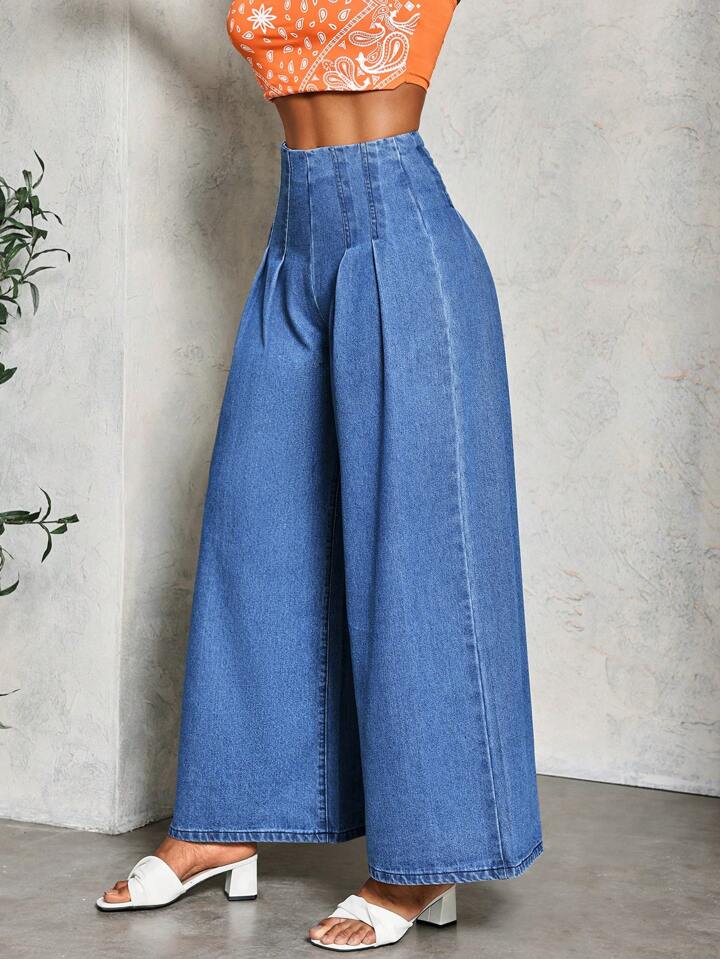 CM-BS299895 Women Casual Seoul Style Medium Wash High Waist Pleated Loose Wide Leg Jeans