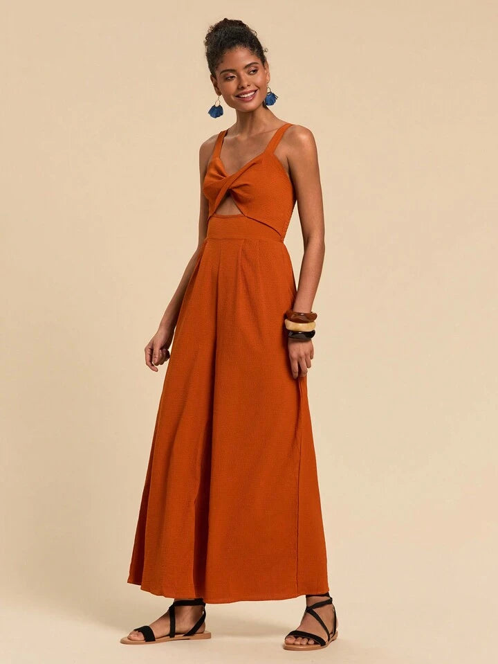 CM-JS719433 Women Trendy Bohemian Style Twist Front Cutout Cami Jumpsuit - Brown