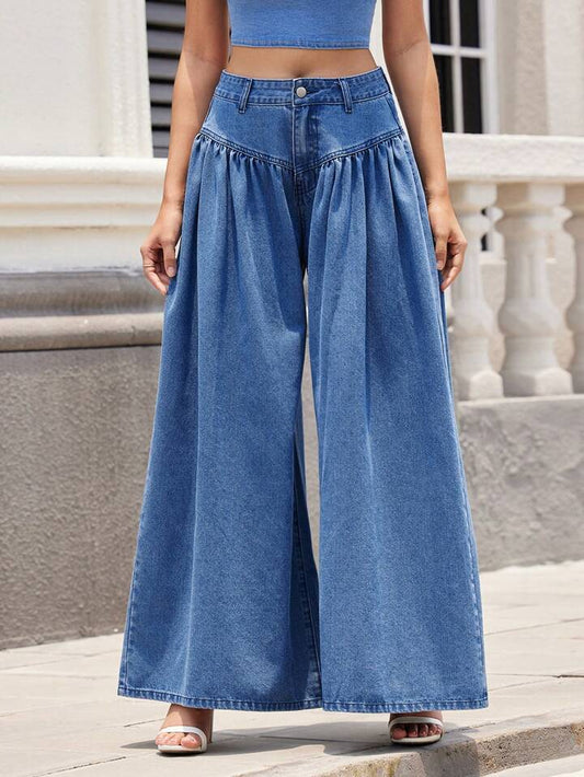 CM-BS115955 Women Casual Seoul Style Medium Wash High Waist Pleated Loose Wide Leg Jeans