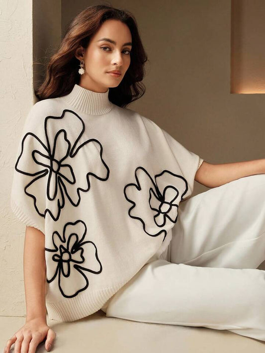 CM-CS518915 Women Elegant Seoul Style Stand Collar Batwing Sleeve Floral Embroidery Knit Top - White