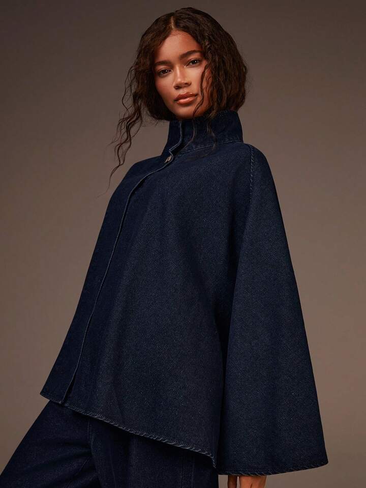 CM-CS829682 Women Casual Seoul Style Stand Collar Wide Draped Oversized Denim Cape Coat - Blue