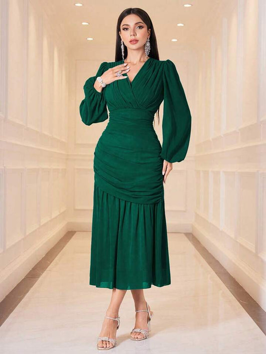 CM-DS555473 Women Elegant Seoul Style V-Neck Lantern Sleeve Pleated Ruffle Hem Dress - Green