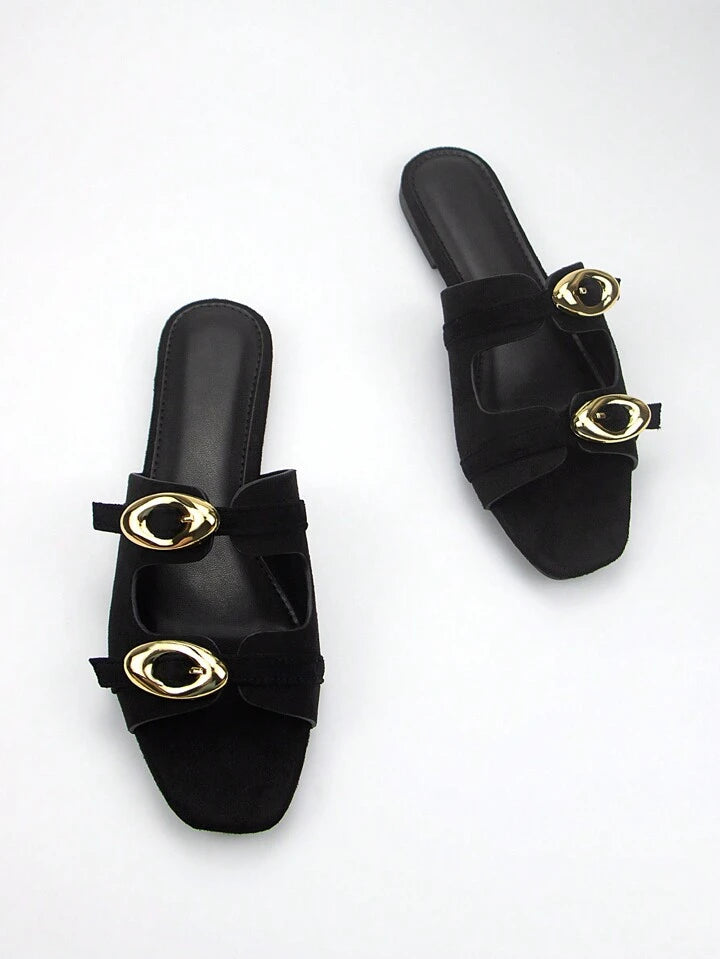 CM-SHS918088 Women Trendy Seoul Style Suede Square Toe Golden Buckle Decor Flat Mules With Adjustable Strap - Black