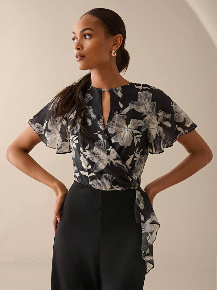 CM-JS668838 Women Elegant Seoul Style Floral Print Patchwork Sleeveless Wide Leg Jumpsuit - Black