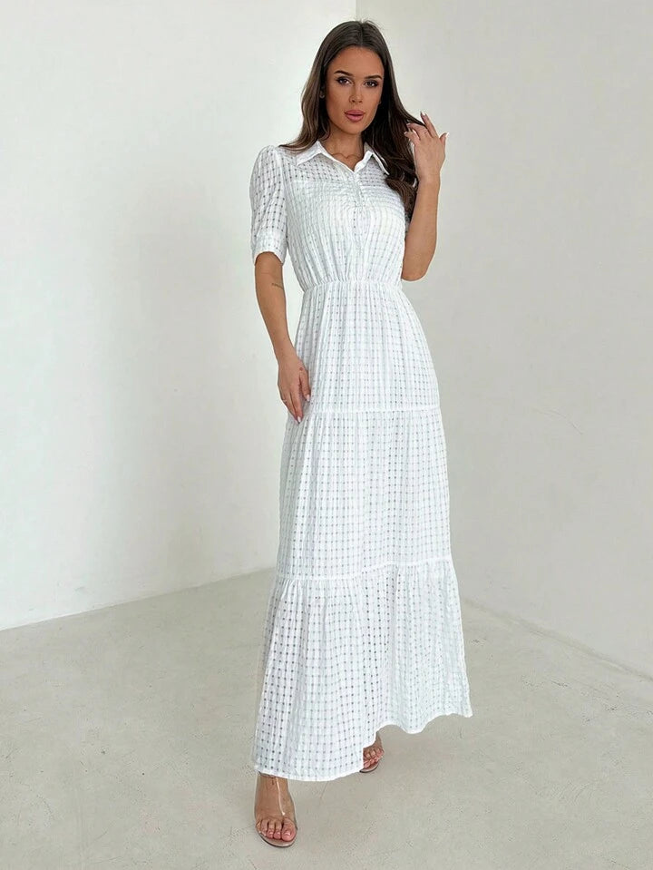 CM-DS955536 Women Casual Seoul Style Collared Waist-Tightening Design Bubble Sleeves Long Dress - White
