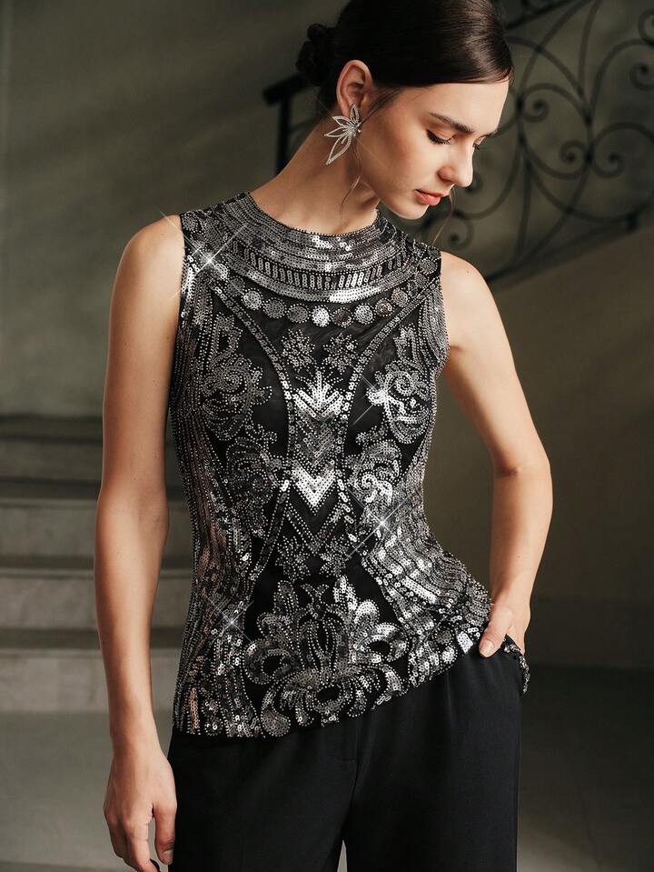 CM-TS151636 Women Elegant Seoul Style Stand Collar Sleeveless Slim Fit Beaded Vest Top - Black