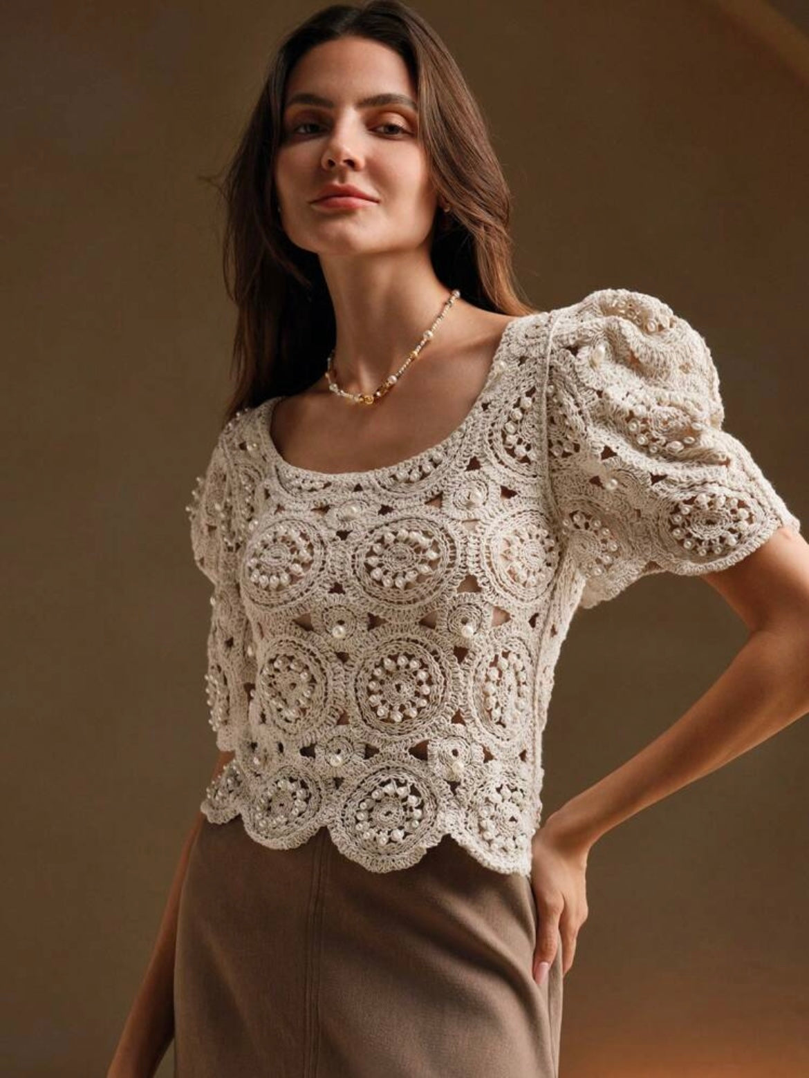 CM-TS880790 Women Casual Seoul Style Crochet Hollow-Out Balloon Sleeve Beaded T-Shirt - Apricot