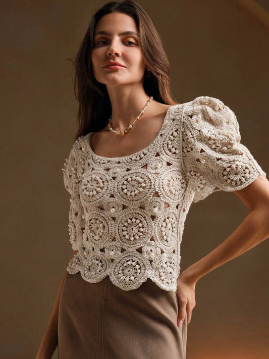 CM-TS880790 Women Casual Seoul Style Crochet Hollow-Out Balloon Sleeve Beaded T-Shirt - Apricot