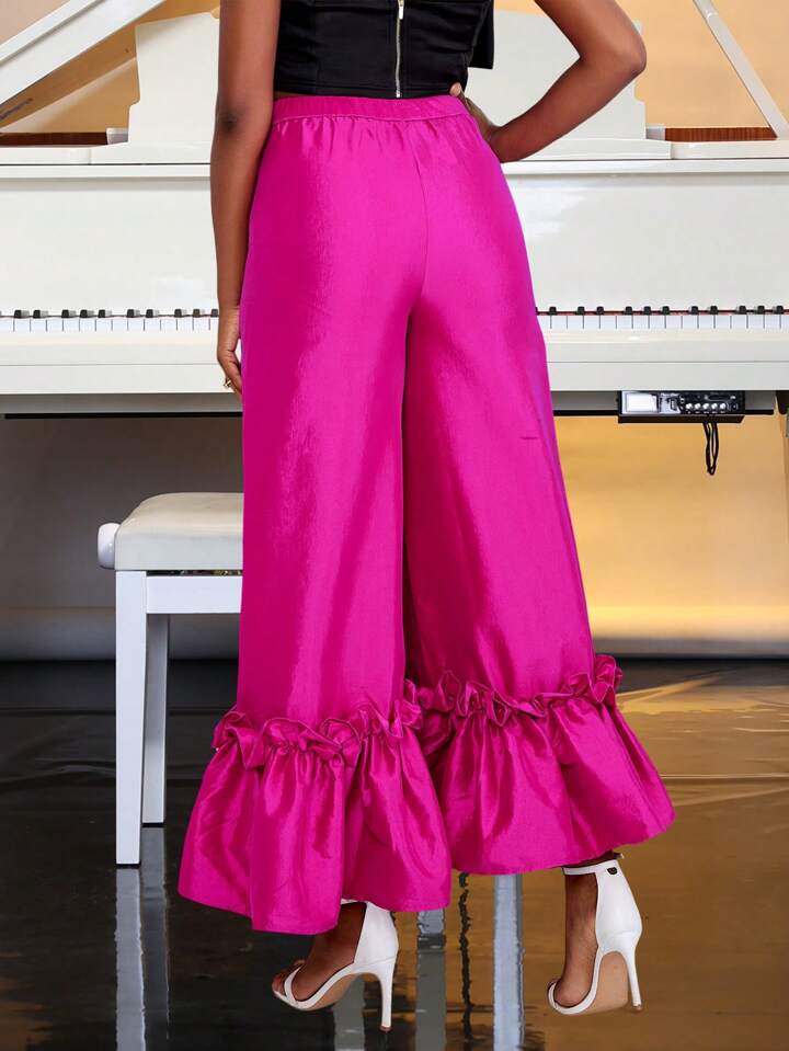 CM-BS639148 Women Elegant Seoul Style Bell Bottom Ruffle Trim Wide Leg Pants - Hot Pink