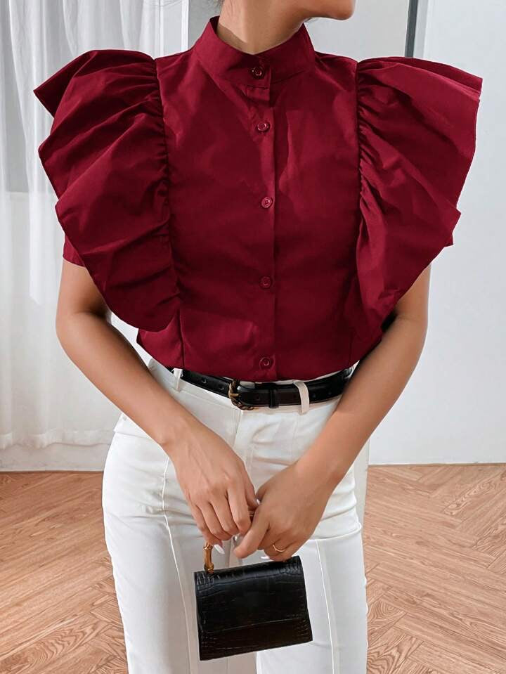 CM-TS056966 Women Casual Seoul Style Ruffle Trim Button Front Shirt - Red
