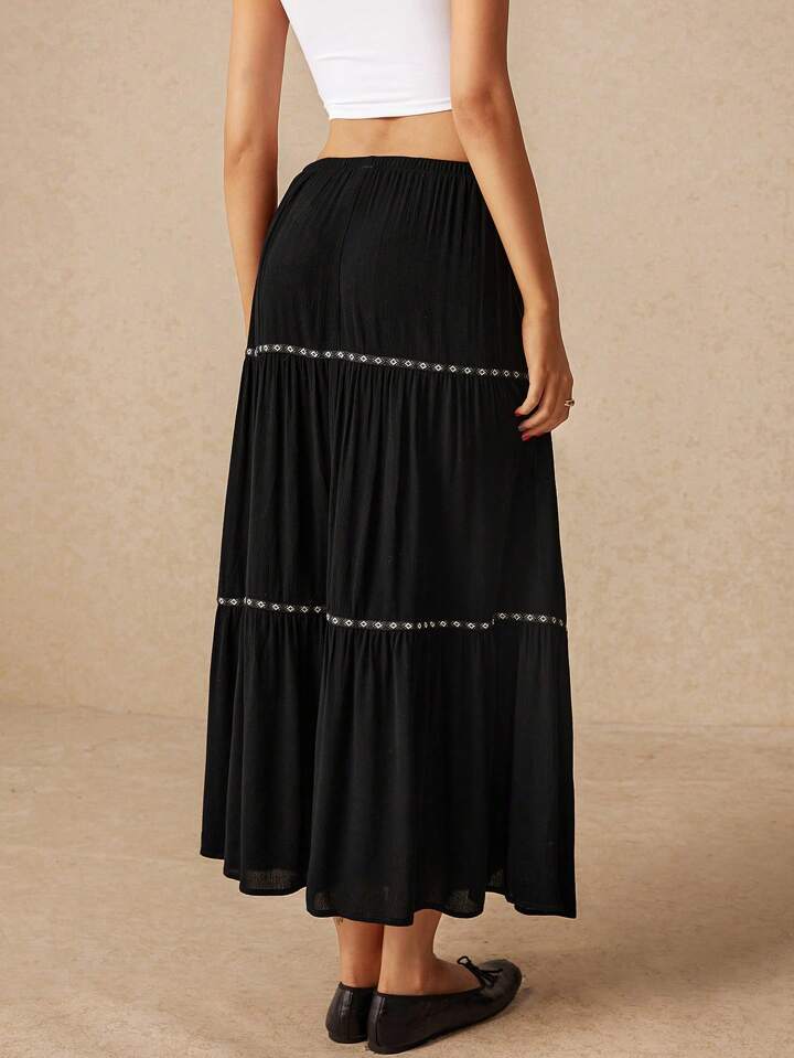 CM-BS838733 Women Trendy Bohemian Style Elastic Waist Patchwork Geometric Long Skirt - Black