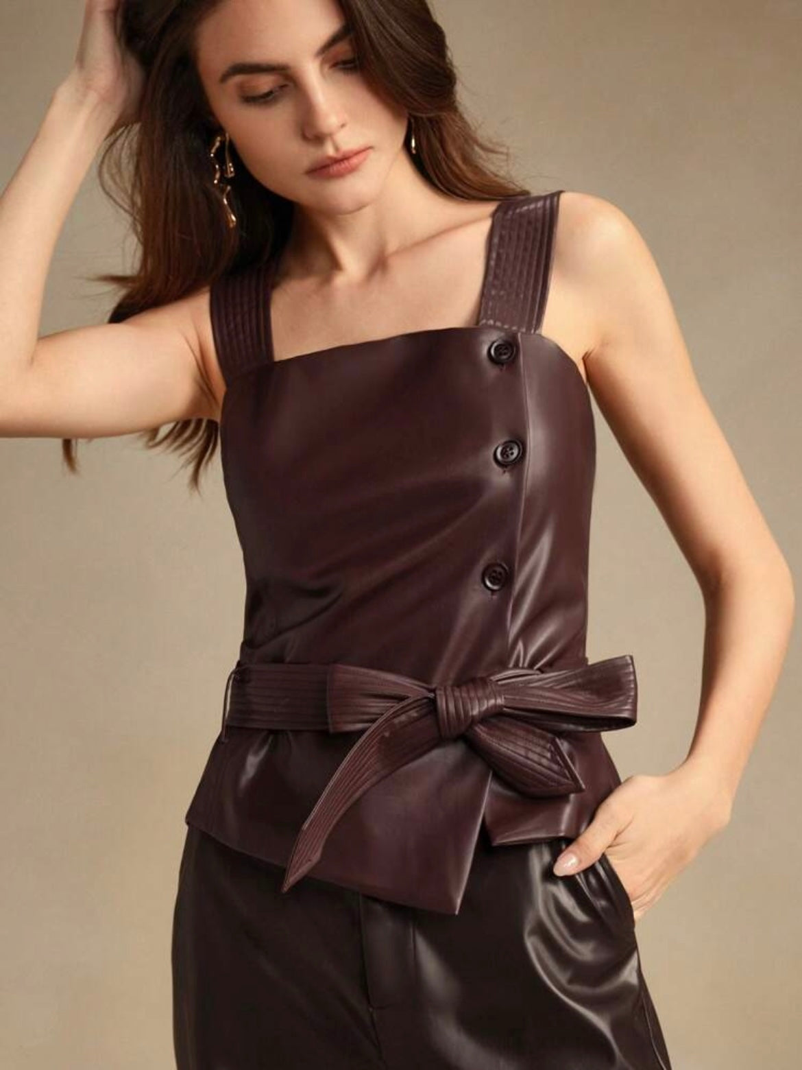 CM-TS629662 Women Elegant Seoul Style PU Leather Sleeveless Belted Cropped Tank Top - Coffee Brown