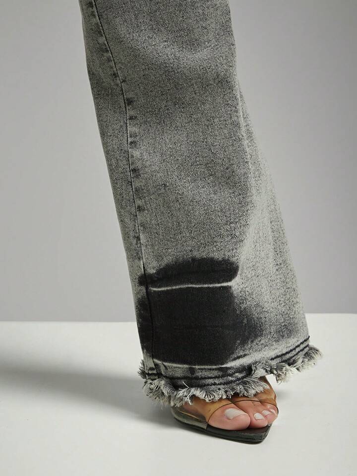 CM-BS954336 Women Casual Seoul Style Distressed Frayed Details Flare Leg Denim Jeans - Light Gray